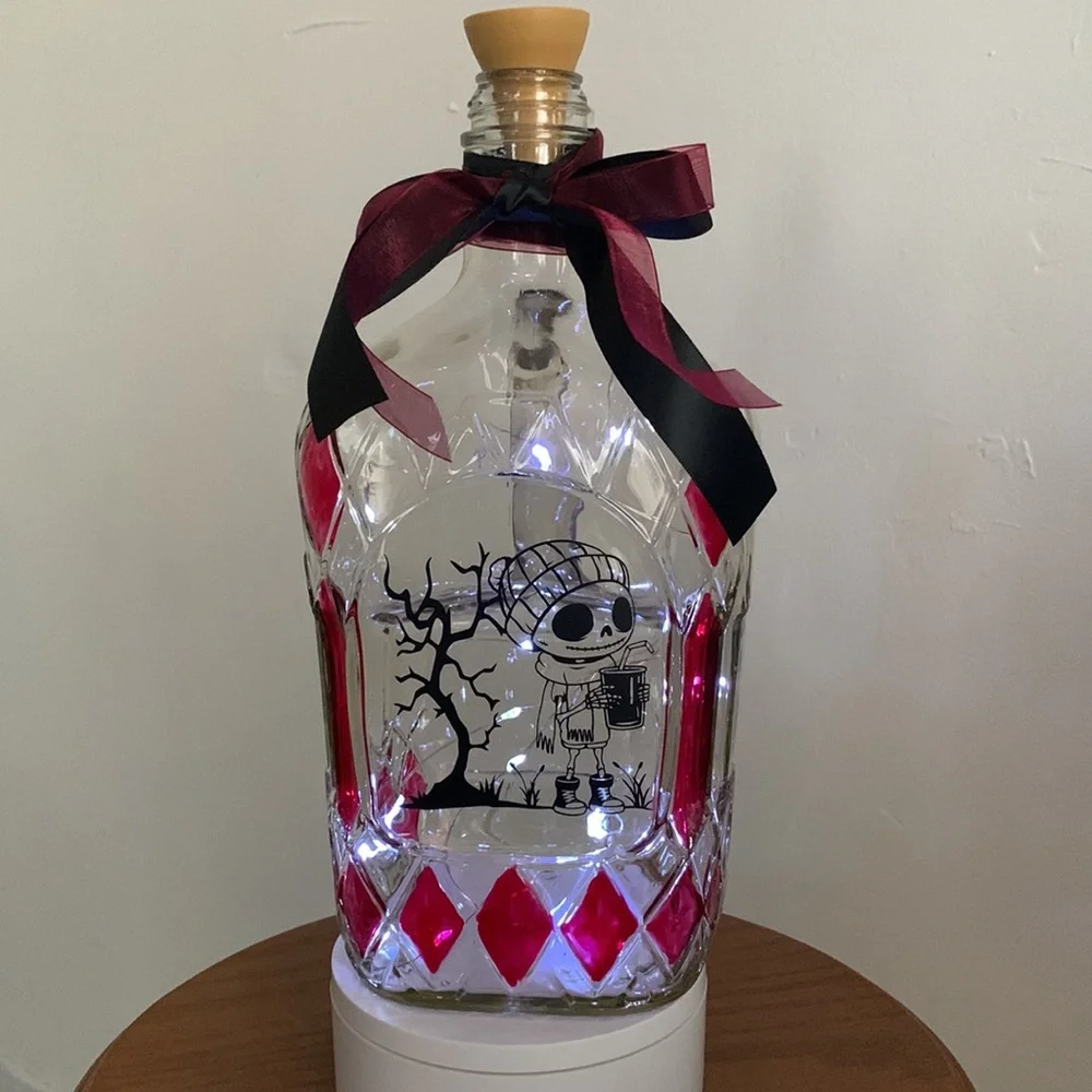Handcrafted Caffeinated Skeleton stained glass jug lantern